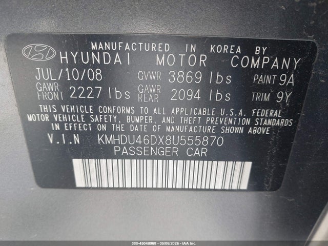 Auction sale of the 2008 Hyundai Elantra Gls/se, vin: KMHDU46DX8U555870, lot number: 45048068