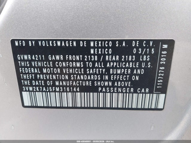 3VW2K7AJ5FM316144 Volkswagen Jetta 2.0l S
