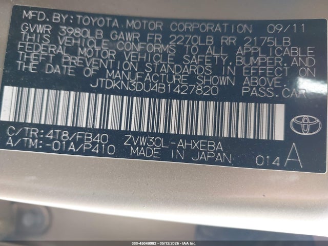 Aukcja sprzedaży 2011 Toyota Prius Three, vin: JTDKN3DU4B1427820, numer aukcji: 45048082