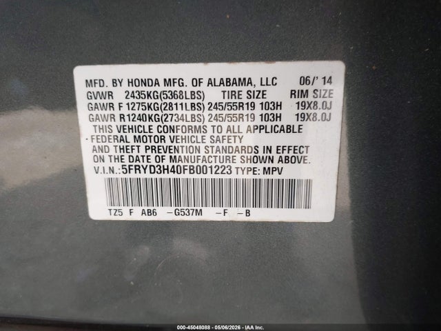 45048088 :رقم المزاد ، 5FRYD3H40FB001223 vin ، 2015 Acura Mdx Technology Package مزاد بيع