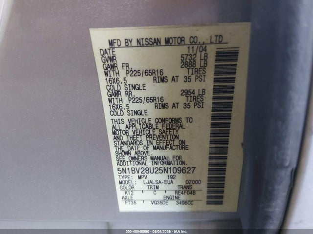 2005 Nissan Quest 3.5 S მანქანა იყიდება აუქციონზე, vin: 5N1BV28U25N109627, აუქციონის ნომერი: 45048090