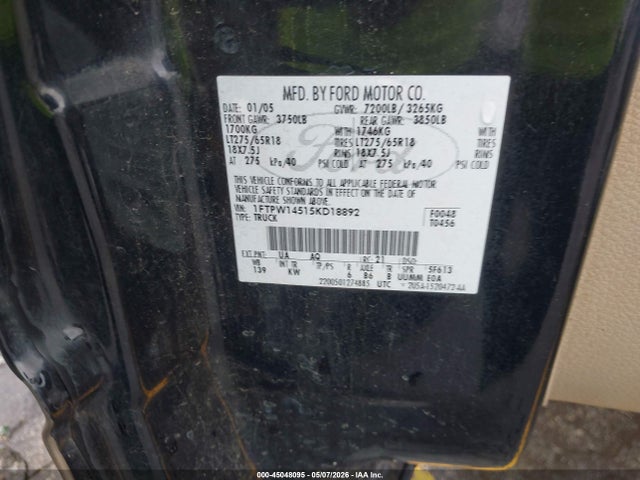 Aukcja sprzedaży 2005 Ford F-150 Fx4/lariat/xlt, vin: 1FTPW14515KD18892, numer aukcji: 45048095