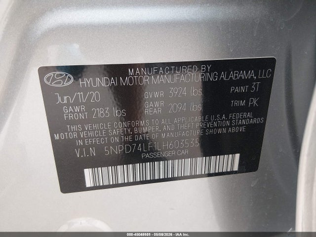 5NPD74LF1LH603535 Hyundai ELANTRA SE