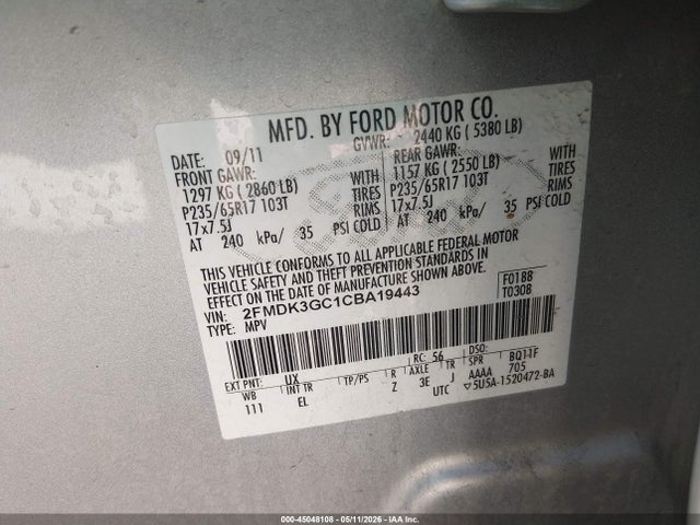45048108 :رقم المزاد ، 2FMDK3GC1CBA19443 vin ، 2012 Ford Edge Se مزاد بيع