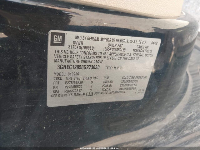 Продаж на аукціоні авто 2008 Chevrolet Avalanche 1500 Ltz, vin: 3GNEC12058G273630, номер лоту: 45048119