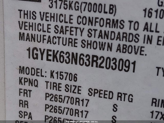 2003 Cadillac Escalade Standard მანქანა იყიდება აუქციონზე, vin: 1GYEK63N63R203091, აუქციონის ნომერი: 45048120