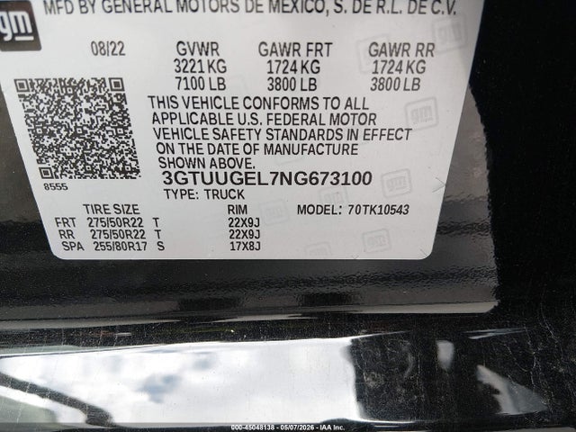 Продаж на аукціоні авто 2022 Gmc Sierra 1500 4wd  Short Box Denali, vin: 3GTUUGEL7NG673100, номер лоту: 45048138
