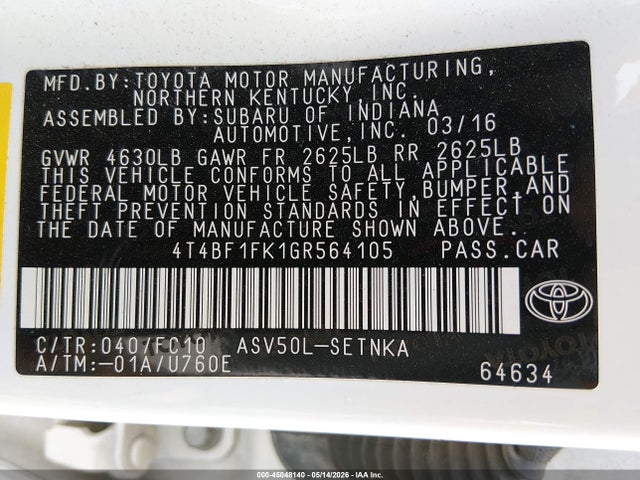 Aukcja sprzedaży 2016 Toyota Camry Le, vin: 4T4BF1FK1GR564105, numer aukcji: 45048140