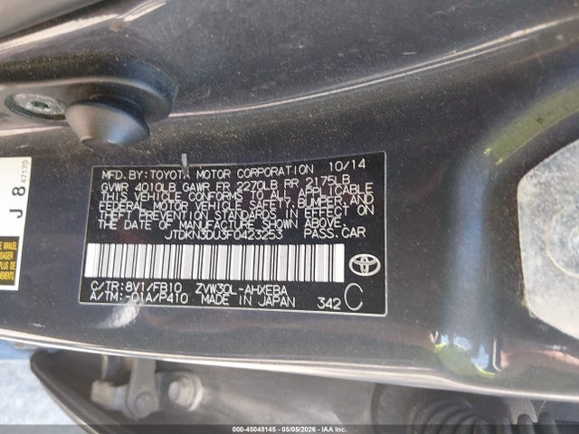 45048145 :رقم المزاد ، JTDKN3DU3F0423253 vin ، 2015 Toyota Prius Two مزاد بيع