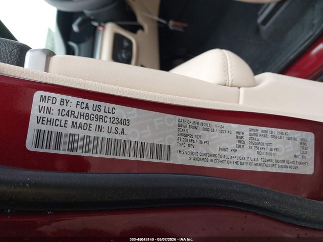 45048149 :رقم المزاد ، 1C4RJHBG9RC123403 vin ، 2024 Jeep Grand Cherokee Limited 4x4 مزاد بيع