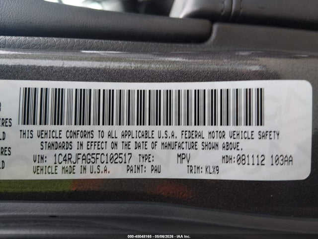 2015 Jeep Grand Cherokee Altitude მანქანა იყიდება აუქციონზე, vin: 1C4RJFAG5FC102517, აუქციონის ნომერი: 45048165