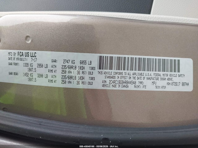 Продаж на аукціоні авто 2017 Chrysler Pacifica Touring Plus, vin: 2C4RC1BG9HR844540, номер лоту: 45048168