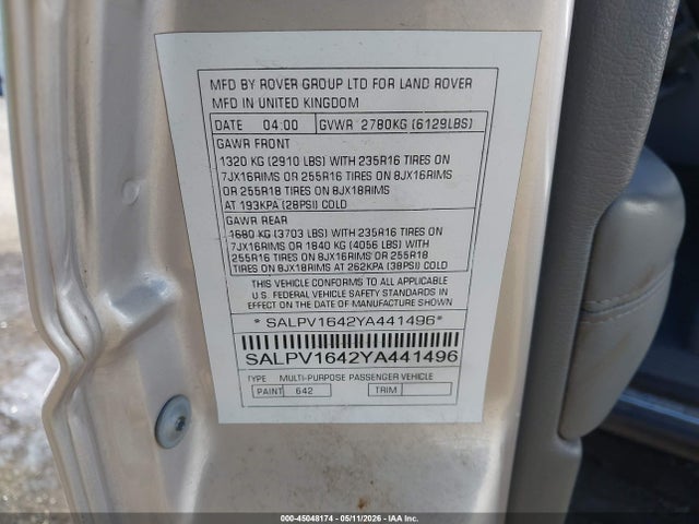Aukcja sprzedaży 2000 Land Rover Range Rover 4.6 Hse, vin: SALPV1642YA441496, numer aukcji: 45048174