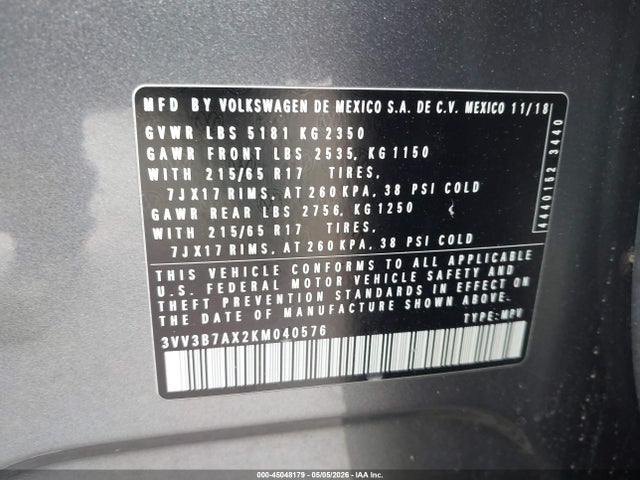 Продаж на аукціоні авто 2019 Volkswagen Tiguan 2.0t Se/2.0t Sel/2.0t Sel R-line/2.0t Sel R-line Black, vin: 3VV3B7AX2KM040576, номер лоту: 45048179