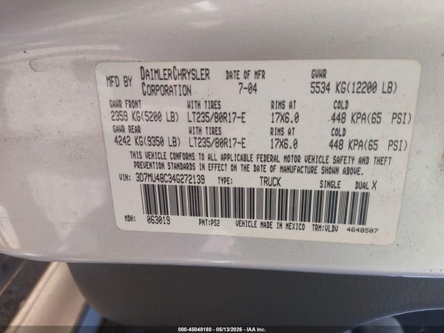 Продажа на аукционе авто 2004 Dodge Ram 3500 Slt/laramie, vin: 3D7MU48C34G272139, номер лота: 45048180