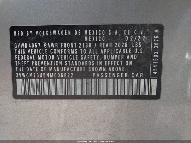 Продаж на аукціоні авто 2022 Volkswagen Jetta 1.5t S, vin: 3VWCM7BU5NM005822, номер лоту: 45048188