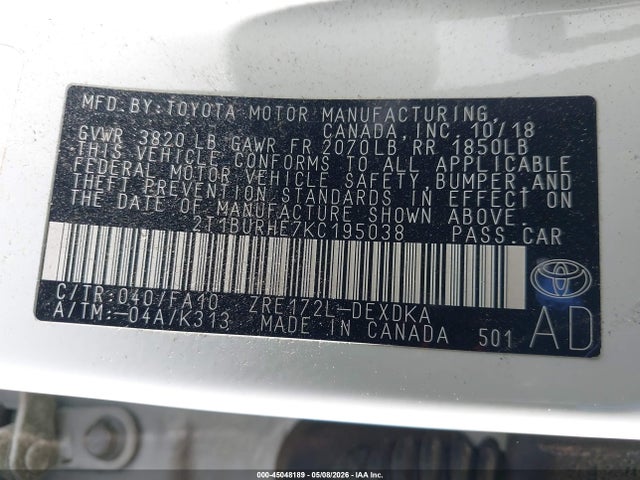 45048189 :رقم المزاد ، 2T1BURHE7KC195038 vin ، 2019 Toyota Corolla L مزاد بيع