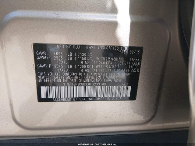 Aukcja sprzedaży 2015 Subaru Outback 2.5i Premium, vin: 4S4BSBCC0F3299108, numer aukcji: 45048198