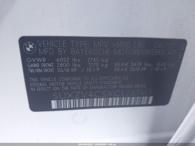 45048202 :رقم المزاد ، 5UXZV4C5XCL751163 vin ، 2012 Bmw X5 Xdrive35i/xdrive35i Premium/xdrive35i Sport Activity مزاد بيع