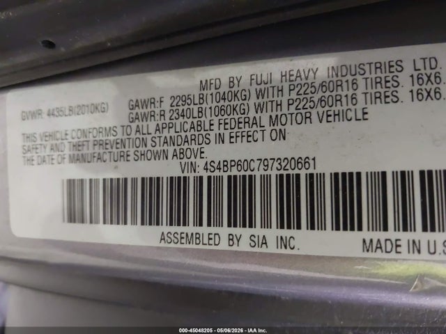 2009 Subaru Outback 2.5i მანქანა იყიდება აუქციონზე, vin: 4S4BP60C797320661, აუქციონის ნომერი: 45048205