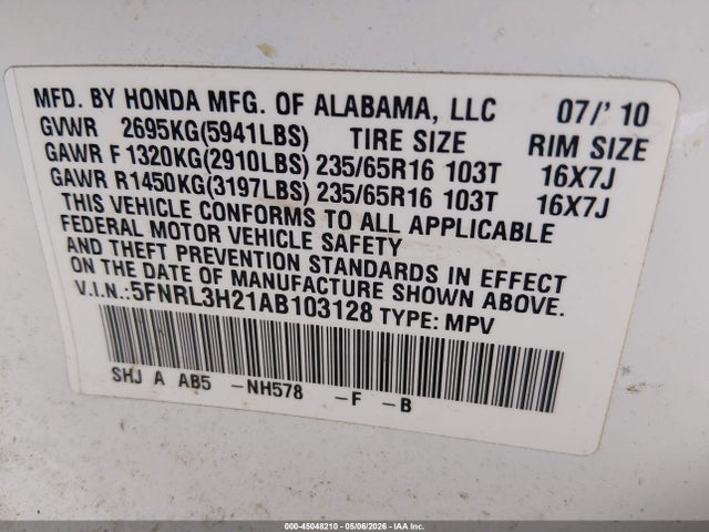 Продаж на аукціоні авто 2010 Honda Odyssey Lx, vin: 5FNRL3H21AB103128, номер лоту: 45048210