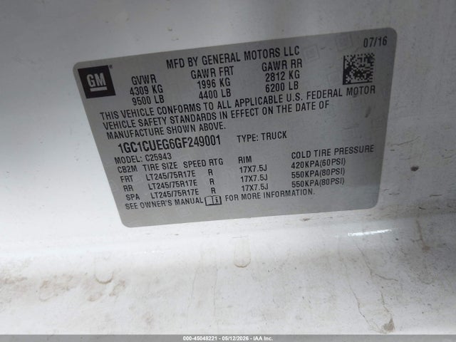 Продаж на аукціоні авто 2016 Chevrolet Silverado 2500hd Wt, vin: 1GC1CUEG6GF249001, номер лоту: 45048221