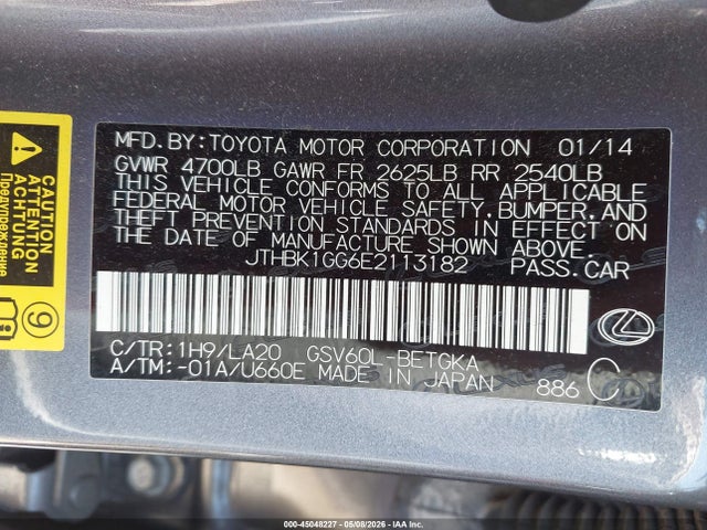 45048227 :رقم المزاد ، JTHBK1GG6E2113182 vin ، 2014 Lexus Es 350 مزاد بيع