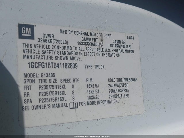 2004 Chevrolet Express მანქანა იყიდება აუქციონზე, vin: 1GCFG15T541182809, აუქციონის ნომერი: 45048266