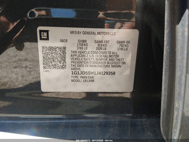 45048273 :رقم المزاد ، 1G1JD5SH1J4129358 vin ، 2018 Chevrolet Sonic Lt Auto مزاد بيع