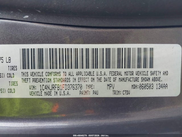 2015 Jeep Patriot Latitude მანქანა იყიდება აუქციონზე, vin: 1C4NJRFB1FD376370, აუქციონის ნომერი: 45048279