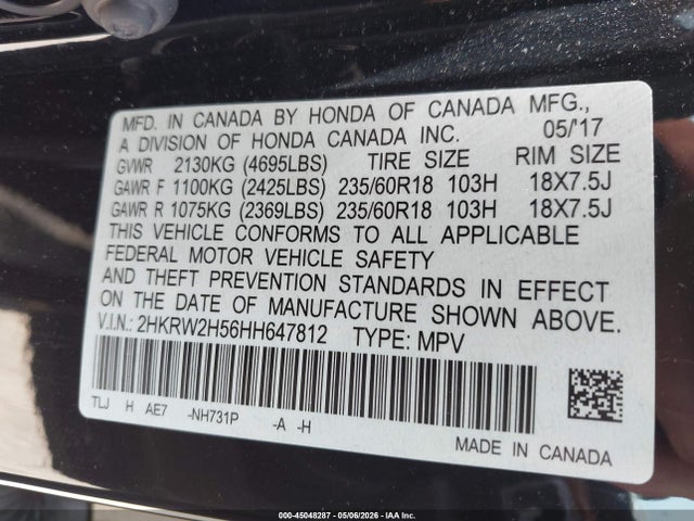 2017 Honda Cr-v Ex მანქანა იყიდება აუქციონზე, vin: 2HKRW2H56HH647812, აუქციონის ნომერი: 45048287