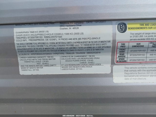 45048298 :رقم المزاد ، 4YDT20222J3154423 vin ، 2018 Keystone Springdale مزاد بيع