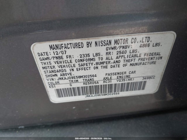 Aukcja sprzedaży 2008 Infiniti Ex35 Journey, vin: JNKAJ09E58M302564, numer aukcji: 45048300