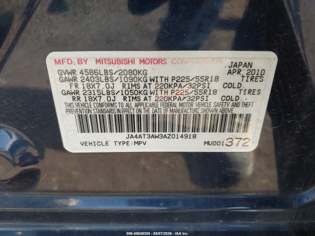 Продаж на аукціоні авто 2010 Mitsubishi Outlander Se, vin: JA4AT3AW3AZ014918, номер лоту: 45048305