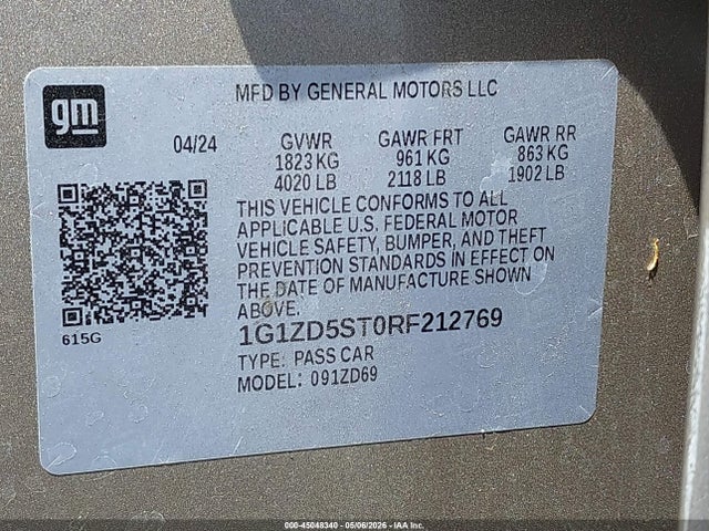Продаж на аукціоні авто 2024 Chevrolet Malibu Fwd 1lt, vin: 1G1ZD5ST0RF212769, номер лоту: 45048340