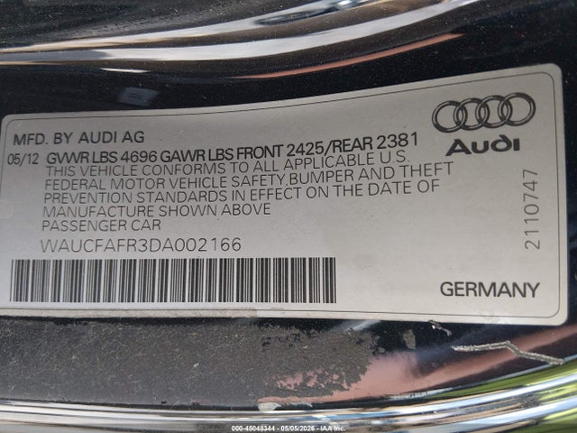 45048344 :رقم المزاد ، WAUCFAFR3DA002166 vin ، 2013 Audi A5 2.0t Premium مزاد بيع