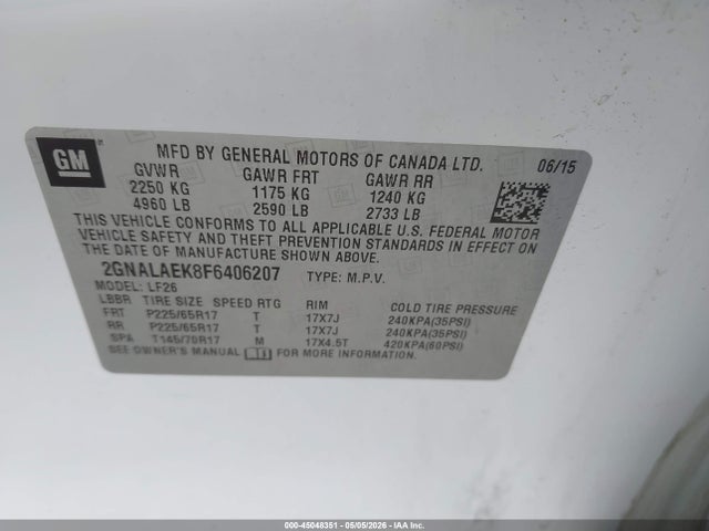 45048351 :رقم المزاد ، 2GNALAEK8F6406207 vin ، 2015 Chevrolet Equinox Ls مزاد بيع