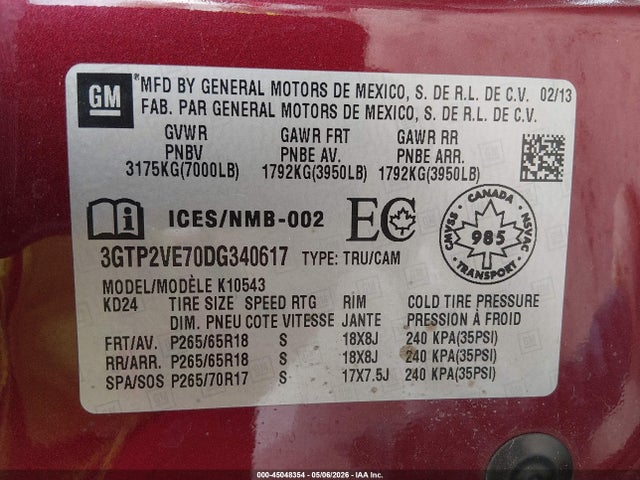 Продаж на аукціоні авто 2013 Gmc Sierra 1500 Sle, vin: 3GTP2VE70DG340617, номер лоту: 45048354