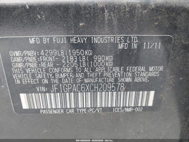Aukcja sprzedaży 2012 Subaru Impreza 2.0i Premium, vin: JF1GPAC6XCH209578, numer aukcji: 45048359