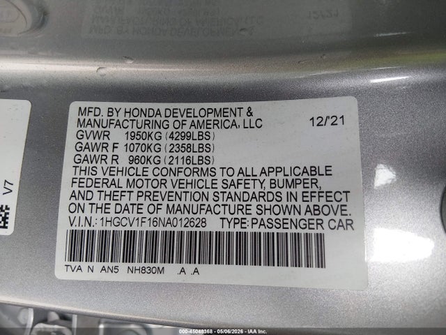 Aukcja sprzedaży 2022 Honda Accord Lx, vin: 1HGCV1F16NA012628, numer aukcji: 45048368