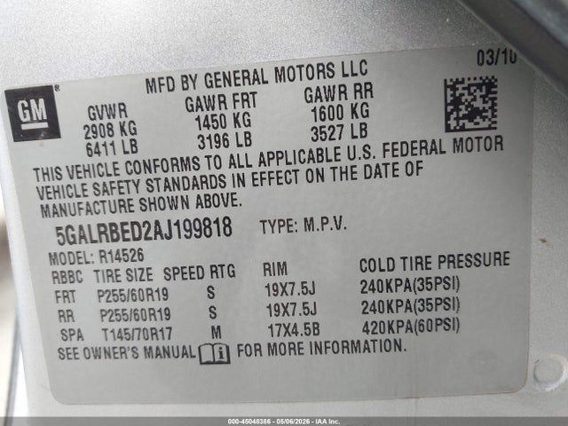 45048386 :رقم المزاد ، 5GALRBED2AJ199818 vin ، 2010 Buick Enclave 1xl مزاد بيع