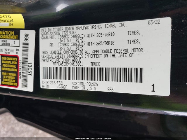 Продажа на аукционе авто 2022 Toyota Tundra Sr5, vin: 5TFLA5DB9NX019261, номер лота: 45048388