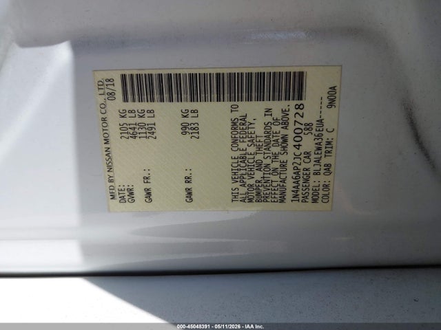 Продажа на аукционе авто 2018 Nissan Maxima 3.5 Sl, vin: 1N4AA6AP2JC400728, номер лота: 45048391
