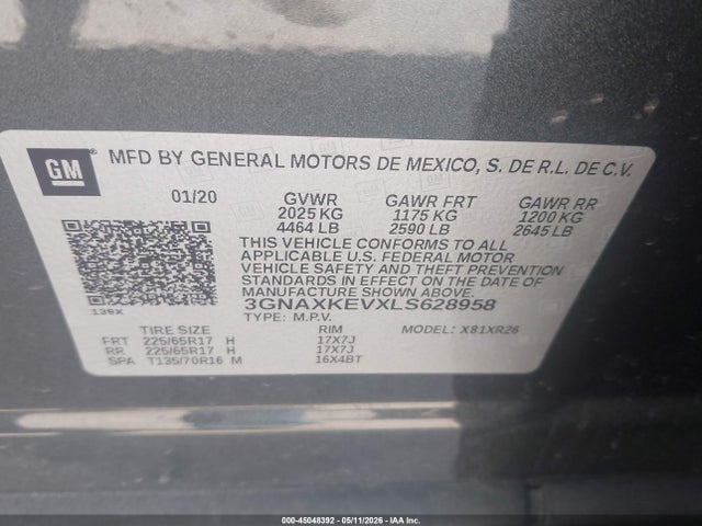 Aukcja sprzedaży 2020 Chevrolet Equinox Fwd Lt 1.5l Turbo, vin: 3GNAXKEVXLS628958, numer aukcji: 45048392