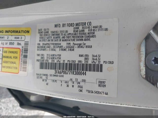 Продажа на аукционе авто 2015 Ford Fusion S, vin: 3FA6P0G77FR300044, номер лота: 45048399