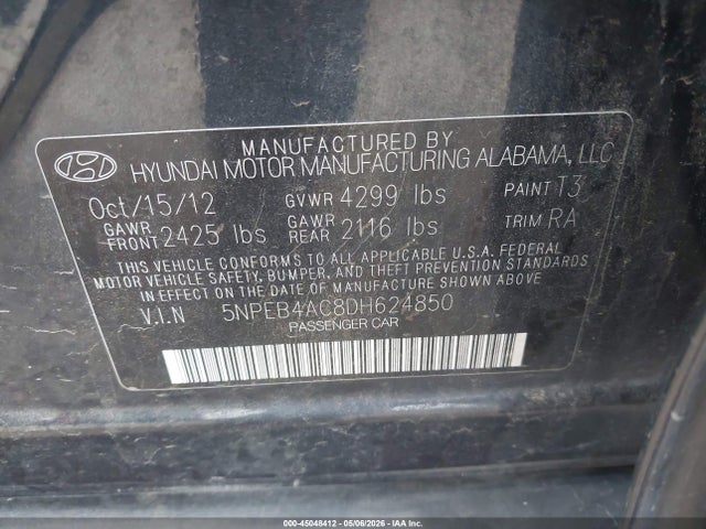 Aukcja sprzedaży 2013 Hyundai Sonata Gls, vin: 5NPEB4AC8DH624850, numer aukcji: 45048412