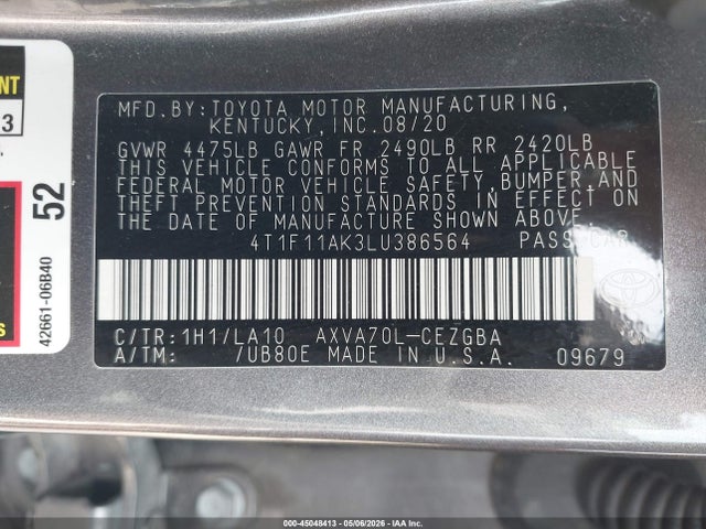 2020 Toyota Camry Xle მანქანა იყიდება აუქციონზე, vin: 4T1F11AK3LU386564, აუქციონის ნომერი: 45048413