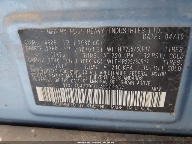 45048423 :رقم المزاد ، 4S4BRBCC5A3382957 vin ، 2010 Subaru Outback 2.5i Premium مزاد بيع
