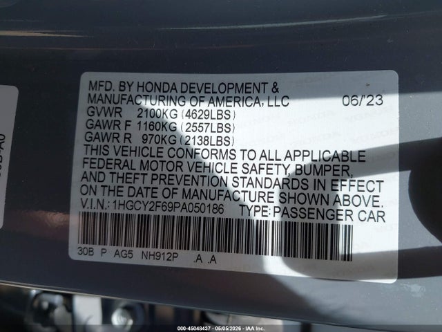 Продажа на аукционе авто 2023 Honda Accord Hybrid Ex-l, vin: 1HGCY2F69PA050186, номер лота: 45048437