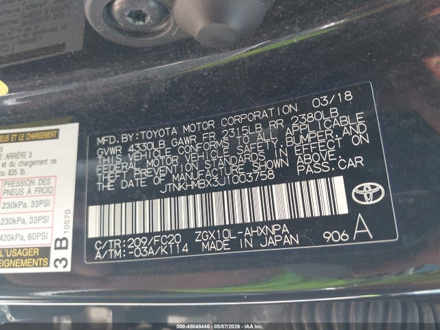 45048446 :رقم المزاد ، JTNKHMBX3J1003758 vin ، 2018 Toyota C-hr Xle Premium مزاد بيع